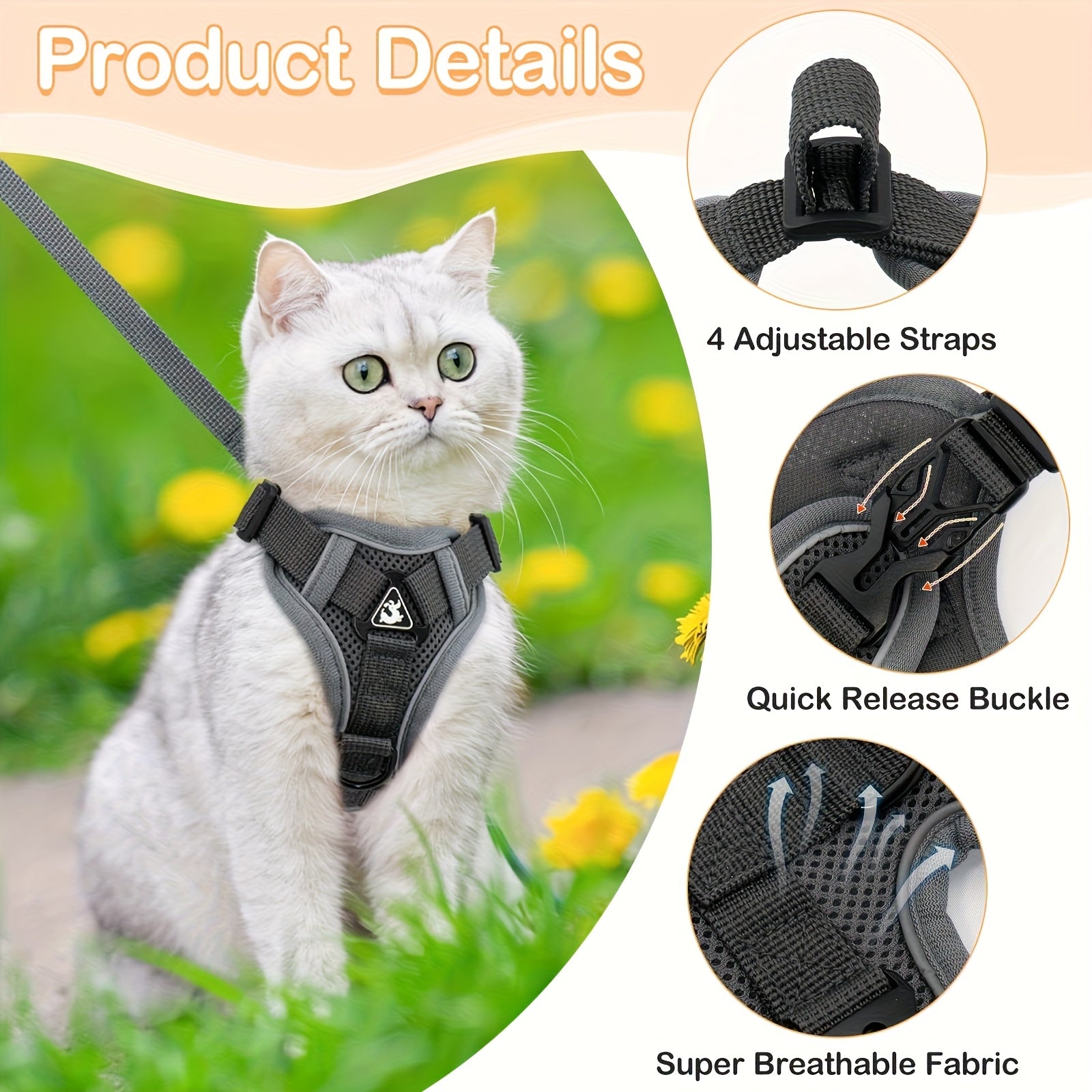 Vest-style pet harness, cat leash and collar set, soft walking leash for cats, anti-escape adjustable cat leash, reflective vest jacket, breathable kitten harness suit, easy to wear, suitable for outdoor walks